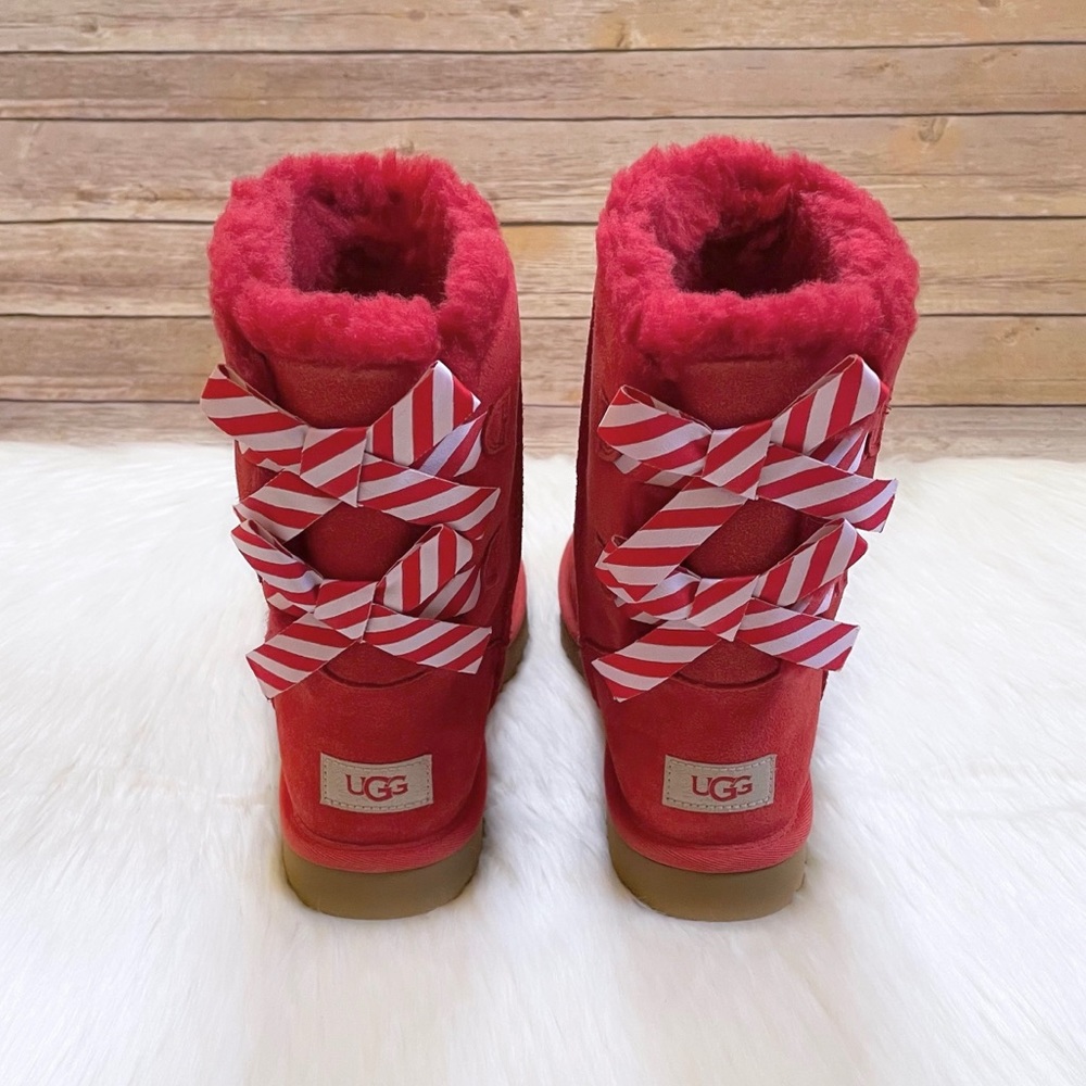 UGG Bailey Bow Diagonal Stripes Poppy Red Boots - Picture 4 of 8